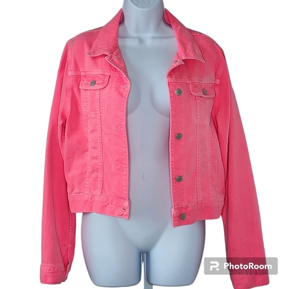 J Brand-Christopher Kane jacket denim neon pink-peach button front sz lrg 🎉 HP - Picture 3 of 15